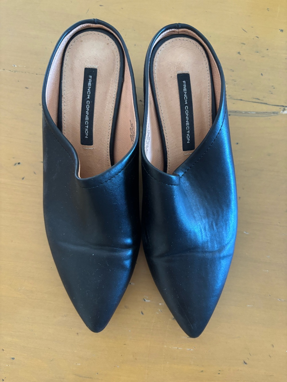 French Connection Black Pointed Leather Mule Flats